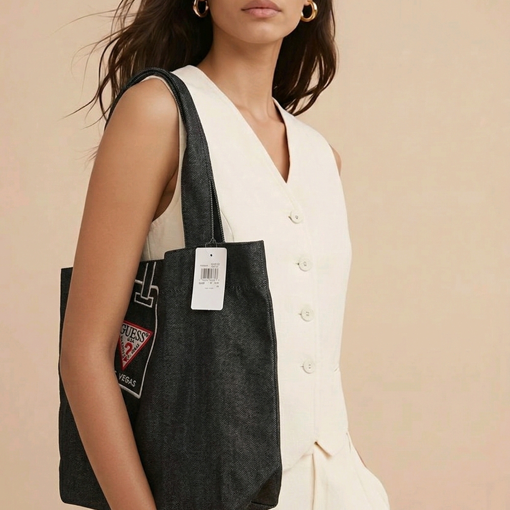 NWT GUESS Black Denim Logo Tote with Patch